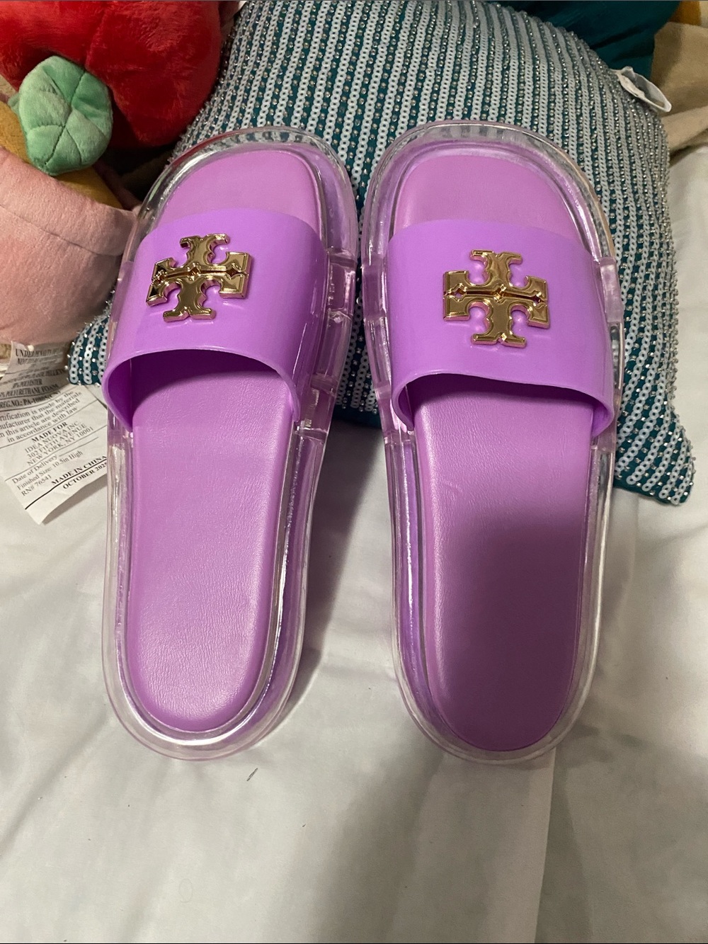 Tory Burch Lavender Slide Sandals with Gold Logo